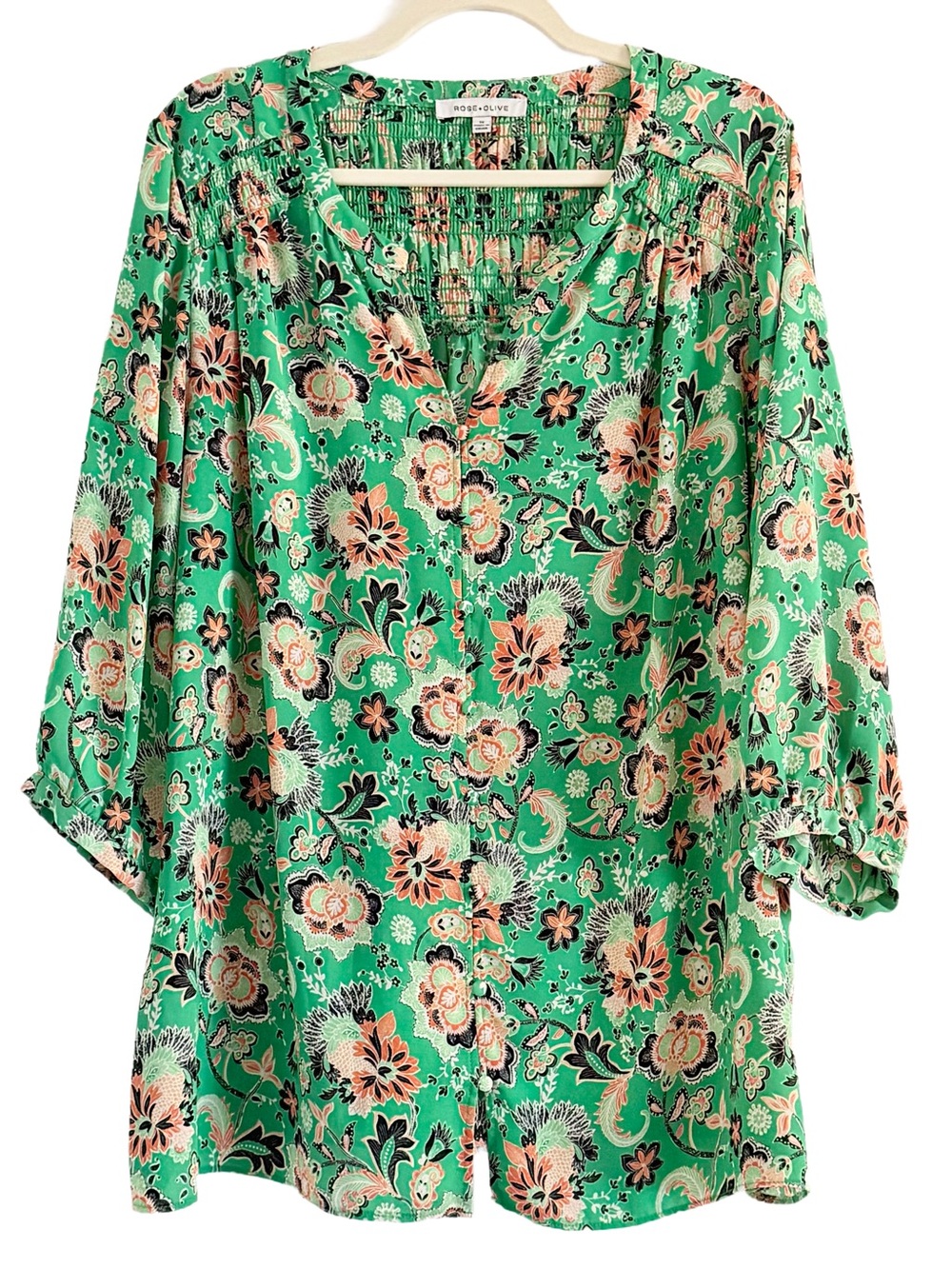 Rose & Olive Green Floral Blouse 1X